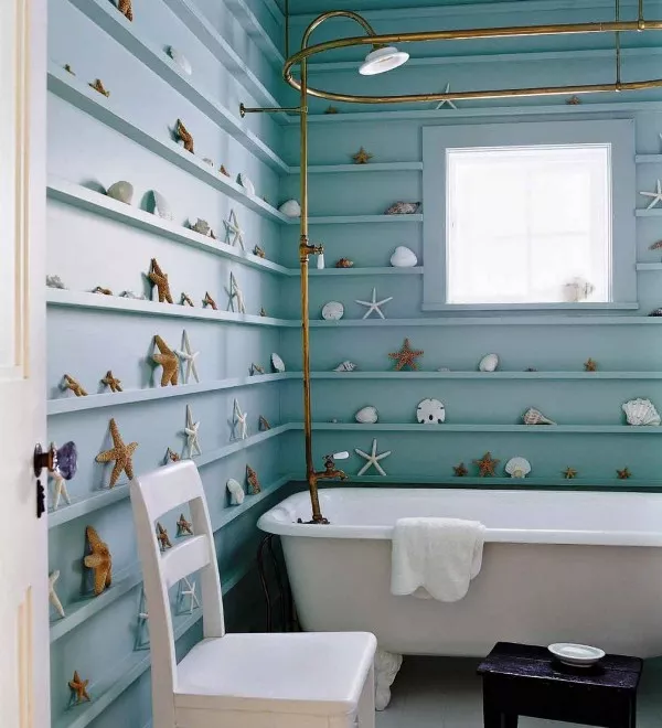 light teal bathroom walls and shelves
